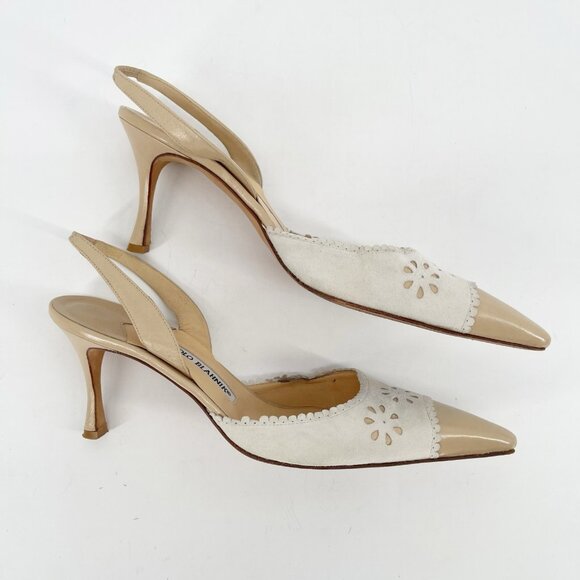 Manolo Blahnik Retro Floral Eyelet Beige Pointed Cap Toe Slingback Heel - Picture 2 of 10